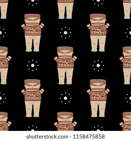 Seamless geometrical pattern with fantastic ethnic characters and polka dots. Based on tribal Indian Pre-Columbian art of ancient Peru. Chancay culture.