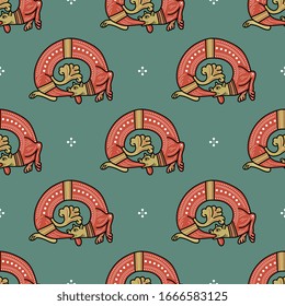 Seamless geometrical pattern with fantastic medieval dragons. Ouroboros. Gothic illuminated manuscript motif.