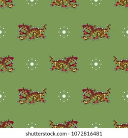 Seamless geometrical pattern with fantastic monster creatures. Aztec mythology. Cipactli, earth and sea monster. Cartoon style.