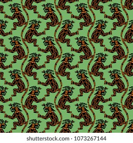 Seamless geometrical pattern with fantastic monster creatures. Ethnic style. Based on ancient Peruvian Moche art. Mochica culture. Indians of Peru.