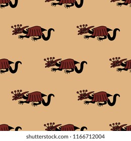 Seamless geometrical pattern with fantastic monsters. Based on ancient Peruvian ethnic motif of Moche or Mochica Indians.