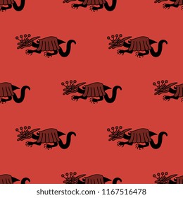 Seamless geometrical pattern with fantastic monsters. Based on ancient Peruvian ethnic motif of Moche or Mochica Indians.