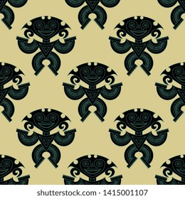 Seamless geometrical pattern with fantastic tribal motifs. Pre Columbian Native American art of Panama.