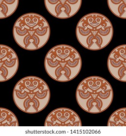Seamless geometrical pattern with fantastic tribal motifs. Pre Columbian Native American art of Panama.