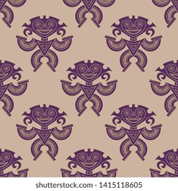 Seamless geometrical pattern with fantastic tribal motifs. Pre Columbian Native American art of Panama.
