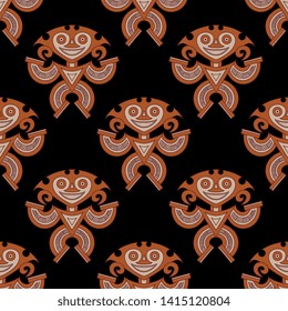 Seamless geometrical pattern with fantastic tribal motifs. Pre Columbian Native American art of Panama.