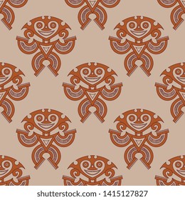 Seamless geometrical pattern with fantastic tribal motifs. Pre Columbian Native American art of Panama.
