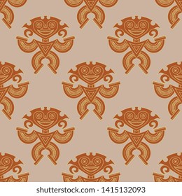 Seamless geometrical pattern with fantastic tribal motifs. Pre Columbian Native American art of Panama.