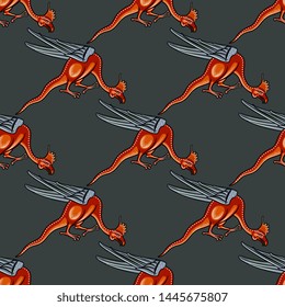 Seamless geometrical pattern with fantastic winged dragons. Medieval Gothic illuminated manuscript motif. 
