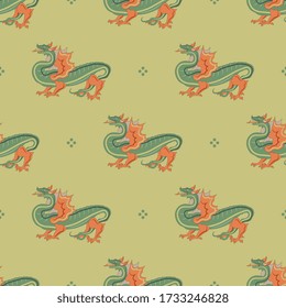 Seamless geometrical pattern with fantastic winged dragons.