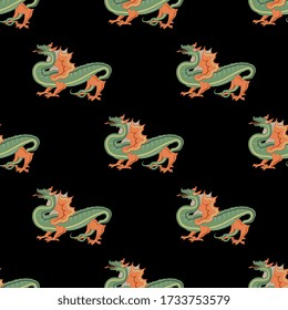 Seamless geometrical pattern with fantastic winged dragons.