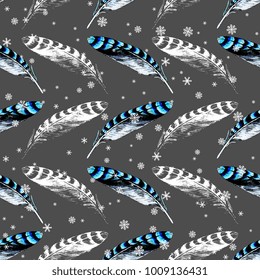 Seamless geometrical pattern with feathers of jay bird and snowflakes. Based on hand drawn sketch.