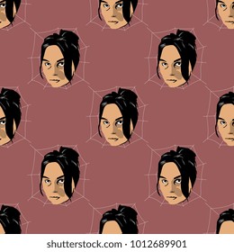 Seamless geometrical pattern with female faces in cobweb. Cartoon style.