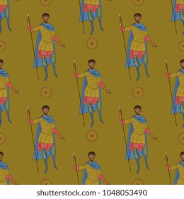 Seamless geometrical pattern with figures of a medieval Byzantine warrior. Based on ancient orthodox icon effigy.