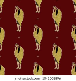 Seamless geometrical pattern with figures of Orthodox saint and abstract dots. Cartoon style. Based on medieval Russian religious motif.