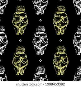 Seamless geometrical pattern with figurines of Paleolithic Venus of Willendorf and abstract polka dots. Based on hand drawn ink sketch.