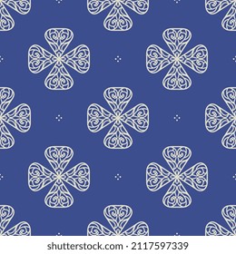 Seamless Geometrical Pattern With Filigree Cross Shapes. White Silhouettes On Blue Background.