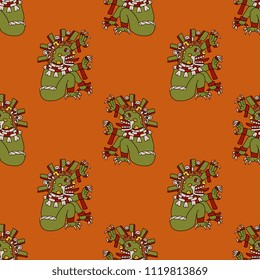 Seamless geometrical pattern with funny Aztec monsters. Ancient ethic motif of Mexican Indians.