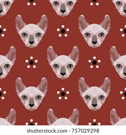 
Seamless geometrical pattern with funny cat faces and simple polka dot flowers. Cartoon style.