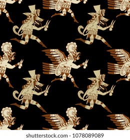 Seamless geometrical pattern with funny running animals. Based on ancient Peruvian Moche art. Mochica Indians of Peru.