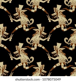 Seamless geometrical pattern with funny silhouettes of running foxes or coyotes. Ethnic style. Based on ancient art of Peruvian Moche Indians. Mochica culture. 