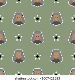 Seamless geometrical pattern with goose faces and abstract floral polka dots. Flat cartoon style.