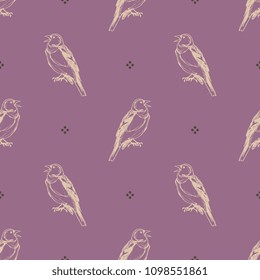 Seamless geometrical pattern with hand drawn silhouettes of small songbird and abstract polka dots. Vintage style.