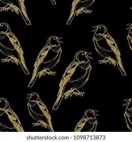 Seamless geometrical pattern with hand drawn silhouettes of chaffinch birds. Vintage style. Gold silhouettes on black background.