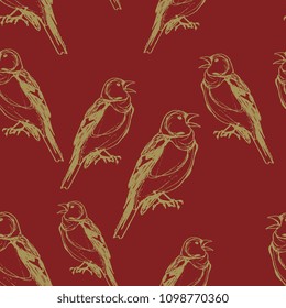 Seamless geometrical pattern with hand drawn silhouettes of chaffinch birds. Vintage style. Gold silhouettes on maroon red background.