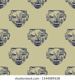 Seamless geometrical pattern with hand drawn linear silhouettes of ancient Mayan mask. Tribal art of Pre-Columbian Mexican Indians