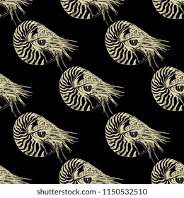 Seamless geometrical pattern with hand drawn linear sketches of ocean mollusk Nautilus Pompilius. Vintage style. Light yellow silhouettes on black background.
