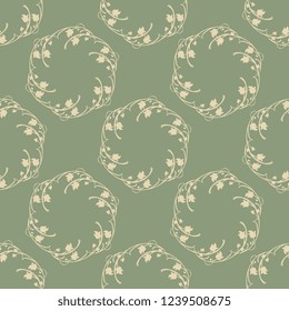 Seamless geometrical pattern with hand drawn round floral wreaths. Beige silhouettes on light green background.