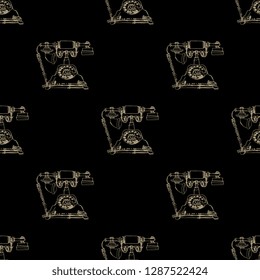 Seamless geometrical pattern with hand drawn linear silhouettes of vintage rotary cord telephones.