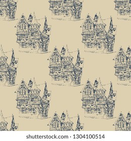 Seamless geometrical pattern with hand drawn ink sketches of ancient German timber frame house. 