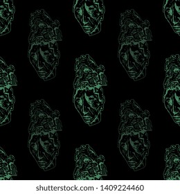Seamless geometrical pattern with hand drawn silhouettes of ancient male portrait. Sculpture of Mayan Indians from Mexico.