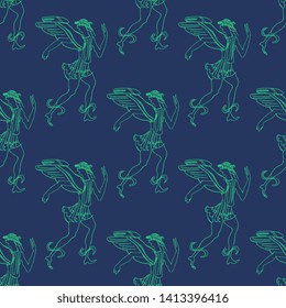 Seamless geometrical pattern with hand drawn silhouettes of ancient Greek god Hermes.