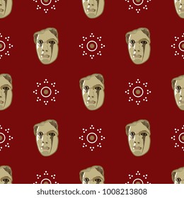 Seamless geometrical pattern with heads of ancient goddess and dotted round elements.