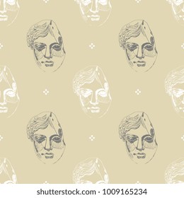 Seamless geometrical pattern with heads of ancient goddess and abstract dots. Based on hand drawn ink sketch.
