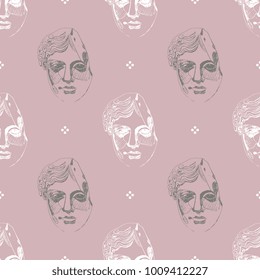 Seamless geometrical pattern with heads of ancient goddess and abstract dots. Based on hand drawn sketch.
