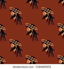 Seamless geometrical pattern with heads of ancient Greek god Dionysus. 