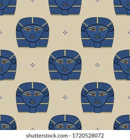 Seamless geometrical pattern with heads of ancient Egyptian goddess of love Hathor.