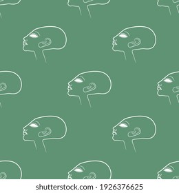 Seamless geometrical pattern with heads of bald ancient Egyptian princess. Amarna style. White linear silhouettes on green background.