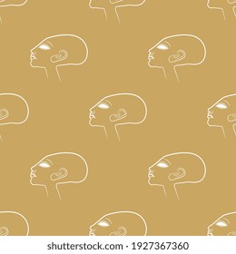 Seamless geometrical pattern with heads of bald ancient Egyptian princess. Amarna style. White linear silhouettes on yellow background.