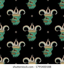 Seamless geometrical pattern with heads of fantastic monster demon.