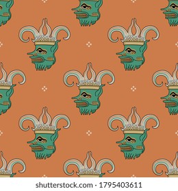 Seamless geometrical pattern with heads of fantastic monster demon.
