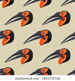 Seamless geometrical pattern with heads of Kaffir or Kafrsky horned raven rhinoceros bird. Flat cartoon style.