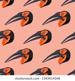 Seamless geometrical pattern with heads of Kaffir or Kafrsky horned raven rhinoceros bird. Flat cartoon style.