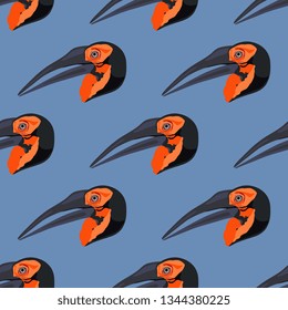 Seamless geometrical pattern with heads of Kaffir or Kafrsky horned raven rhinoceros bird. Flat cartoon style.