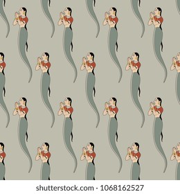 Seamless geometrical pattern with Hindu mermaids. Mythological female snakes Nagini. Folk ethnic style.