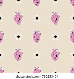Seamless geometrical pattern with human hearts and simple floral polka dots.